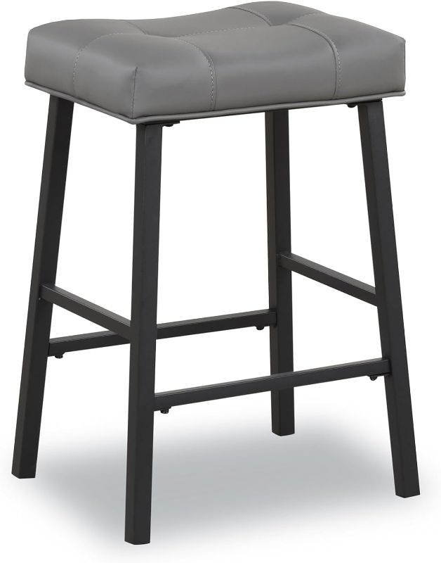 Photo 1 of 24 Inch Gray Bar Stools, Counter Height Stools with Upholstered Saddle Seat Padded for Breakfast, Kitchen Island, Home Bar, Dining Room, Black Metal Frame, KR302PDG1
