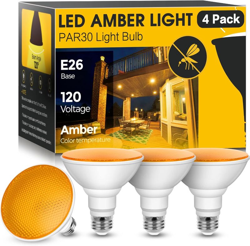 Photo 1 of ***in factory packing, didn't hear noise when slowly shake box*** JandCase 12W LED Bug Lights for Outside[4 Pack], Yellow Bug Light Bulbs Outdoor, 100Watt Equivalent, PAR30 Flood Light Bulbs for Porch, Patio, E26 Base, Non-Dimmable
