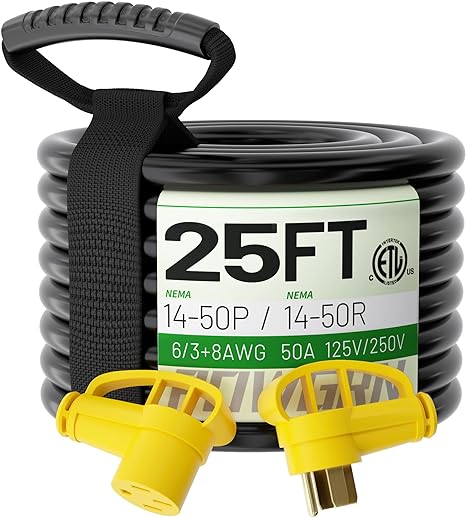 Photo 1 of 25 FT 50 Amp RV/EV Extension Cord Outdoor with Grip Handle, 4 Prong Flexible Heavy Duty 6/3+8/1 Gauge STW RV Power Cord Waterproof, NEMA 14-50P to 14-50R, Black-Yellow, ETL Listed 25FT-50A