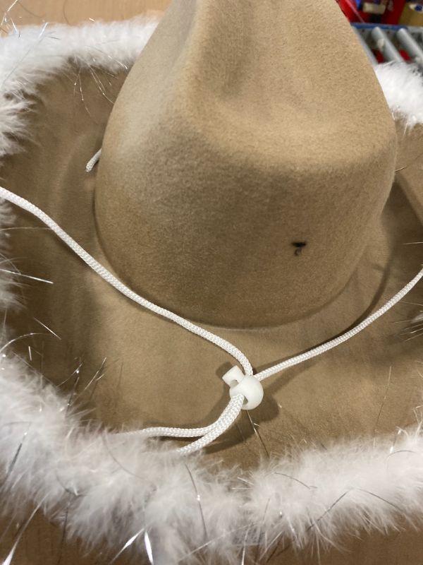 Photo 3 of ***USED** Cowgirl Hat with Feather Trim - Blinking Tiara Cowboy Hats for Women - Felt Hats for Women for Cowboy Party, Cowgirl Party Beige