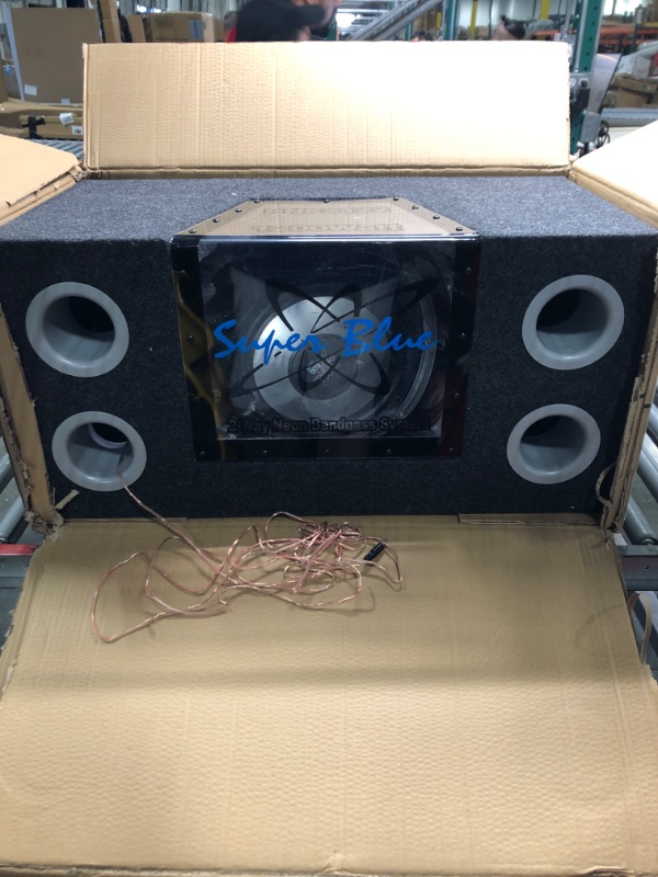 Photo 2 of ***inner speaker is out of place, wood is damaged around speaker slot*** Pyramid 12" 1200W Car Audio Subwoofer - 2 Way Neon Bandpass Speaker System w/Blue Lights