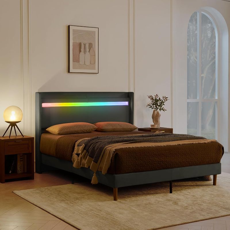 Photo 3 of ***loose hardware in box*** Queen Bed Frame with LED Lights, Queen Bed Frame with Headboard & RGB LED Lights, Platform Bed Frame Queen Size, No Box Spring Needed, Noise-Free, Solid Wood Slats, Easy Assembly, Grey