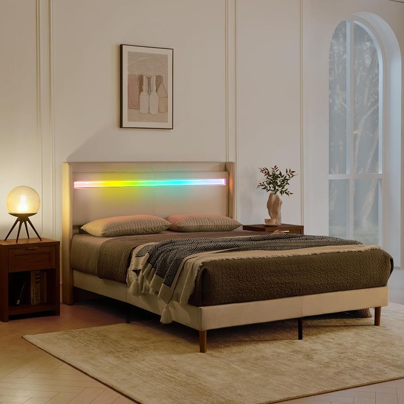 Photo 1 of ***loose hardware in box*** ***stock photo is a similar item*** King Size Bed Frame with LED Lights, Upholstered Platform Bed Frame with RGB LED Lights and Headboard, No Box Spring Needed, Noise-Free, Solid Wood Slats Support, Easy Assembly, Grey