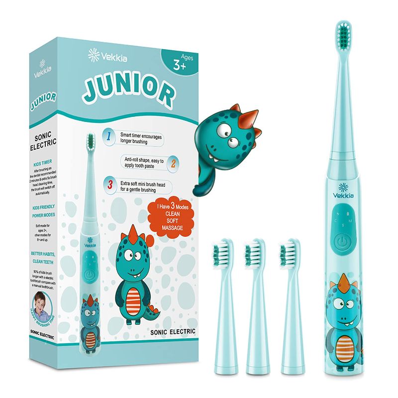 Photo 1 of ****USED*** Vekkia Sonic Rechargeable Kids Electric Toothbrush, 3 Modes with Memory, Fun & Easy Cleaning, 24000 Strokes, IPX7 Waterproof, 2-Min Timer for Age 3+, 4 Soft Bristles(Blue)