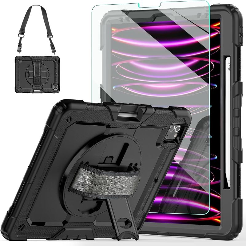 Photo 1 of iPad Pro 12.9 inch Case 2022-2018 with 9H Tempered Glass Screen Protector, Ambison iPad pro 12.9 6th/5th/4th/3rd Generation Case Full Body Protective & 360° Rotatable Kickstand & Hand Strap(Black)