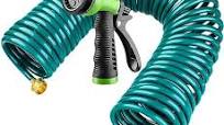 Photo 1 of 100 Ft/ 50 Ft/ 25 Ft x 3/8'' Coil Garden Hose EVA Recoil Garden Self Coiling Water Hose with 6 Function Spray Nozzle Universal 3/4'' Brass Connector Fitting for Outdoor Yard Watering (100 Ft)