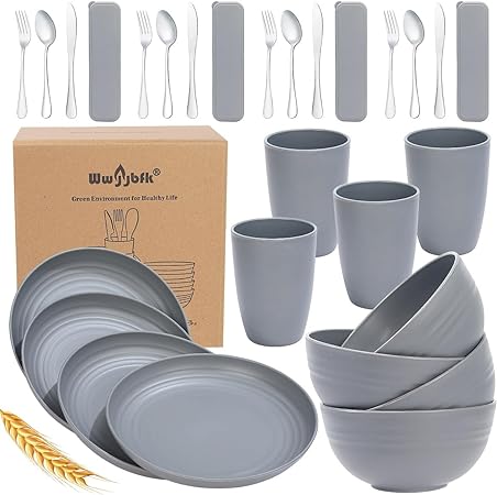 Photo 1 of 28PCS Wheat Straw Dinnerware Set for 4, Kitchen Wheat Straw Plates and Bowls Sets, College Dorm Dinnerware Dishes Set for 4 with Cutlery Set (Gray)