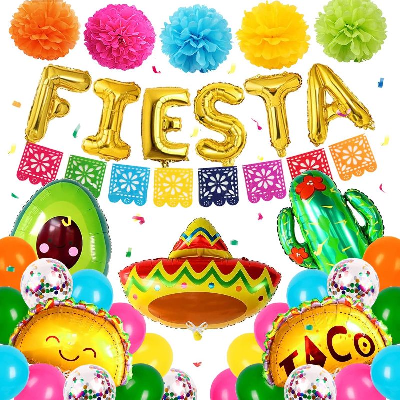 Photo 1 of Fiesta Party Decorations Mexican Themed Party Supplies Cinco De Mayo Party Decorations Fiesta Taco Llama Cactus Avocado balloons Mexican Party Banner paper pom poms for Mexican Party Decorations