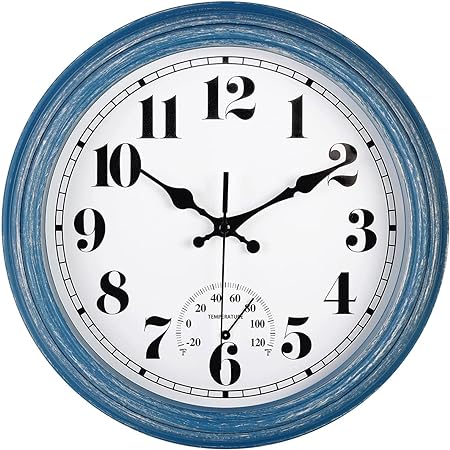 Photo 1 of 12 Inch Indoor/Outdoor Retro Waterproof Wall Clock with Thermometer Silent Round Quartz Battery Operated Easy to Read Decorative for Kitchen Patio,Bathroom,Deck,Porch,Pool(Blue)