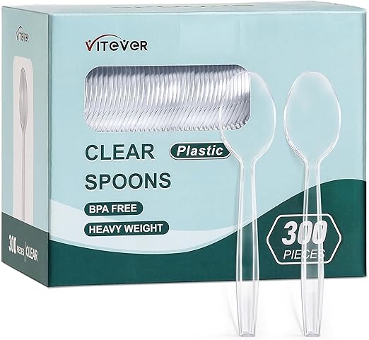 Photo 1 of [300 Count] Clear Heavy Duty Plastic Spoons, Heavyweight Disposable Spoons, Fancy Plastic Cutlery, Elegant Disposable Spoons, Plastic Utensils Set, Clear Spoons Set