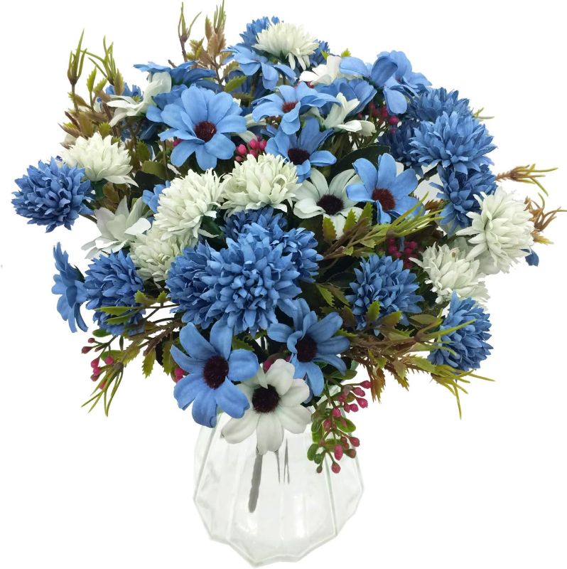 Photo 1 of 5 Bundles Silk Artificial Flowers Fake Chrysanthemum Ball Faux Daisy Flower Bouquets Arrangements for Home Office Party Wedding Table Centerpieces Decor No Vase (Blue)