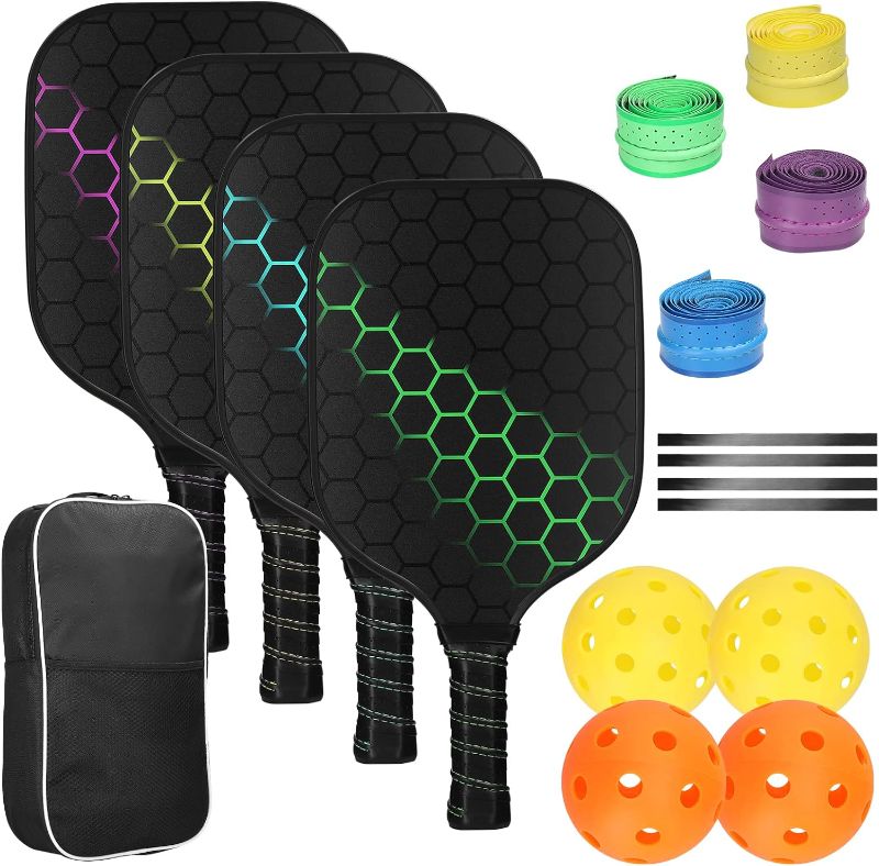 Photo 1 of Doorslay Pickleball Paddles Set of 4, Lightweight Pickle Ball Paddle Set with 4 Fiberglass Rackets, 4 Pickleball Balls, 4 Cooling Towels & Carry Bag for Outdoor Indoor Adults Men Women
