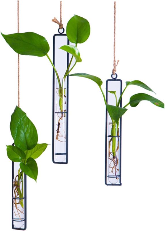 Photo 1 of 3 Pieces Hanging Glass Hydroponic Planter Transparent Test Tube Plant Vase Terrarium Container for Indoor Outdoor Modern Home Decoration (Black)
