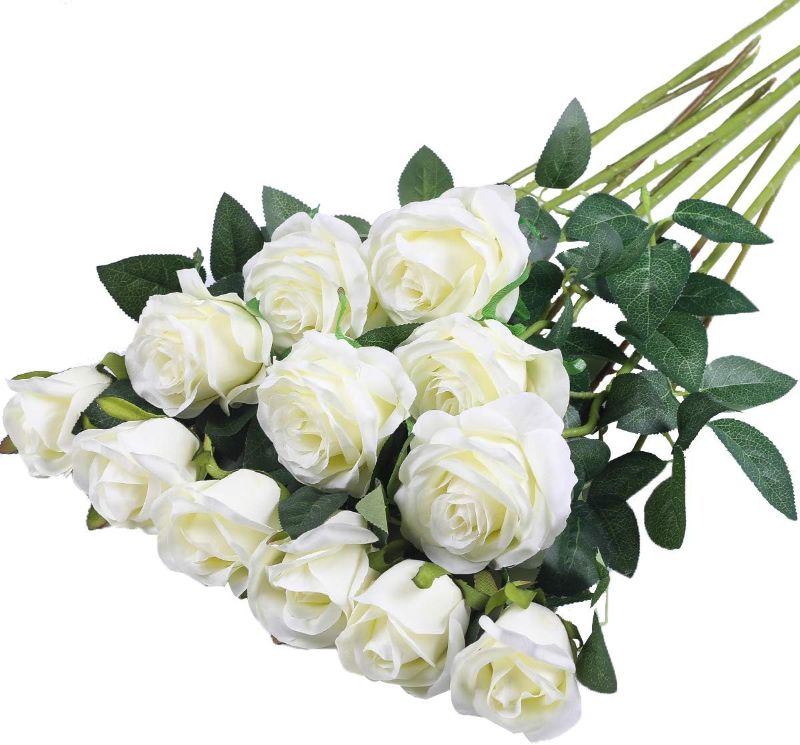 Photo 1 of 12PCS Artificial Silk Flowers Realistic Roses Bouquet Long Stem for Home Wedding Decoration Party (White)
