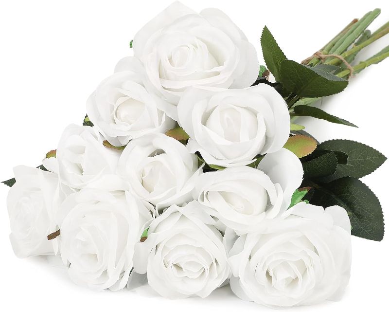 Photo 1 of CEWOR 10pcs Artificial Roses with Stems White Roses Fake Flowers Decorations for Valentine's Day Bridal Bouquet Wedding Party Home Decor (White)
