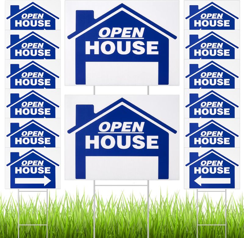 Photo 1 of 14 Pack 24 x 18 Inch Open House Sign Double Sided Real Estate Sign Posts Plastic Heavy Duty Open House Directional Open Yard Sign with Left Right Arrows 14 Pcs H Metal Stakes (Blue)
