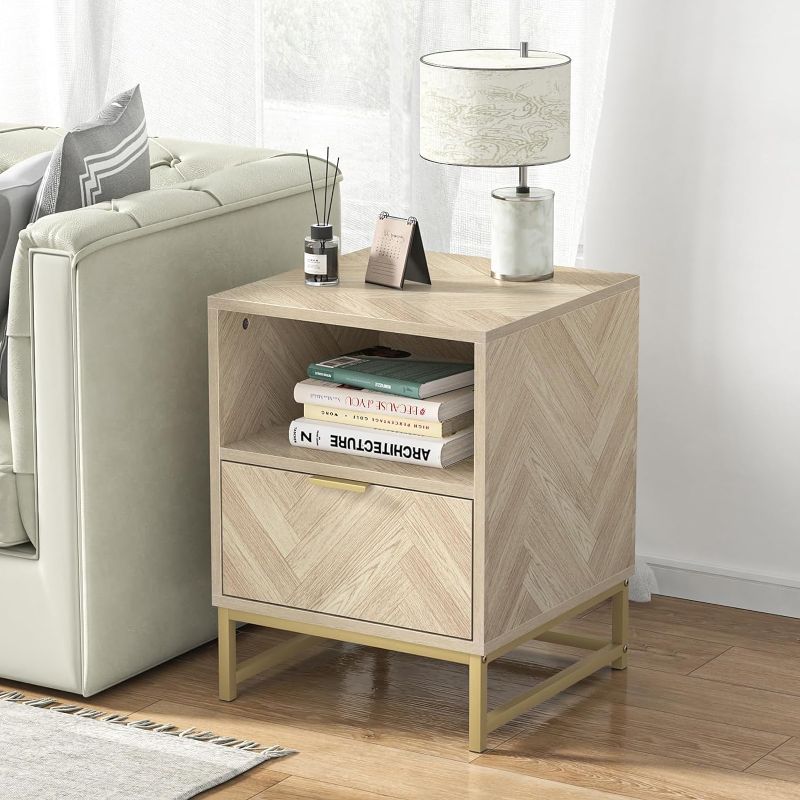 Photo 1 of Anmytek Modern Wood Nightstand Accent Sofa Table Farmhouse Style Bedside Table with Drawer and Open Shelf End Table for Living Room Bedroom H0054 15.75D x 15.75W x 20.8H in H0054-oak