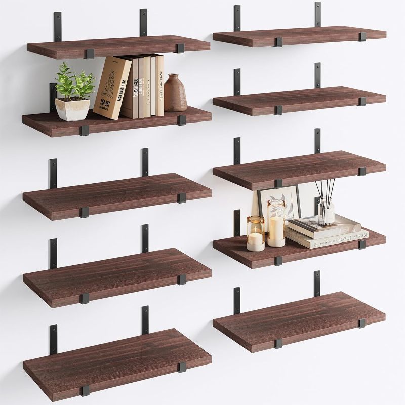 Photo 1 of Fixwal Floating Shelves, Set of 10, Rustic Wood Wall Decor, Farmhouse Wall Mounted Shelves for Bedroom, Living Room, Kitchen and Bathroom (Walnut Brown)