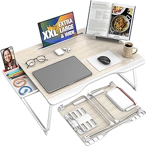 Photo 1 of **WRITTEN ON TOP**Cooper Mega Table - Large Laptop Desk for Bed 24x17in | Portable Table Tray, Laptop Stand w/Built-in Tablet, Phone Slot, Storage Drawer, Couch/Sofa/Floor Desk (White Oak)