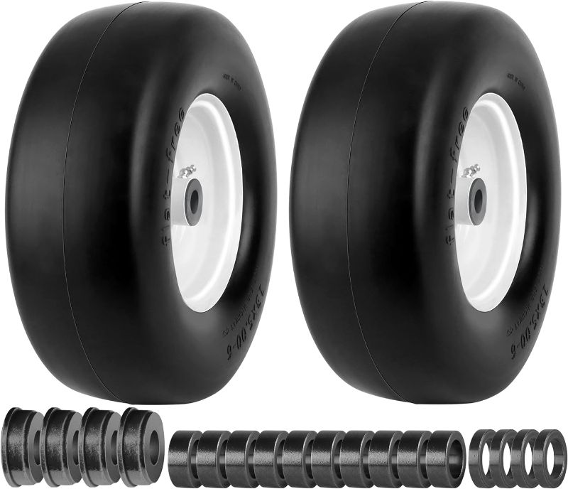 Photo 1 of 13x5.00-6 Flat Free Tire and Wheel 13x5x6 Tire for Lawn Mower Tire with Grease Fitting, 3.15" Centered Hub, 3/4" or 5/8" Bushing with 18 Adapter Kits, Pack of 2