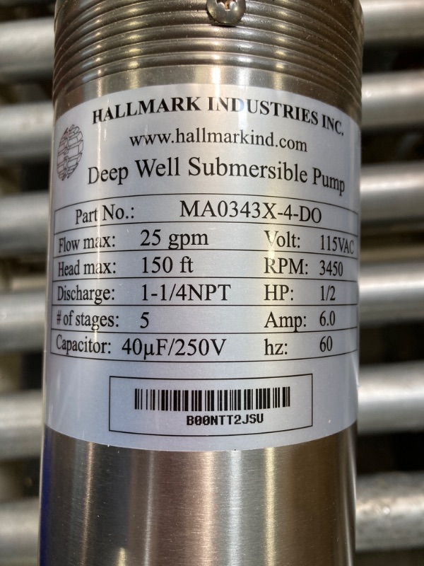 Photo 3 of ***DAMAGED***
Hallmark Industries MA0343X-4 Deep Well Submersible Pump, 1/2 hp, 110V, 60 Hz, 25 GPM, 150' Head, Stainless Steel, 4"