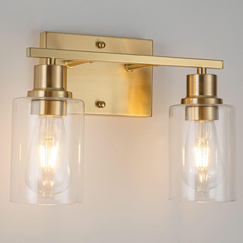 Photo 1 of Bathroom Light fixtures, 2 Light Matte Gold Bathroom Vanity Light, Vanity Lights with Metal Base and Clear Glass Shade, Wall Sconces Lighting for Bathroom, Mirror, Bedroom, Living Room, Hallway 2 Light Gold