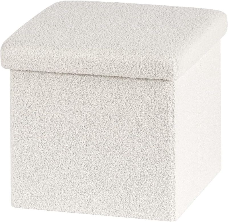 Photo 1 of  Small Storage Ottoman Cube Sherpa Ottomans Foot Rest, Foldable Boucle Ottoman, Faux Teddy Fur, White 15"x15"x15"
