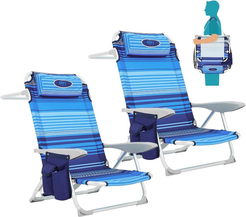 Photo 1 of #WEJOY Folding Beach Chair for Adults, 4-Position Aluminum Lightweight Beach Chair, Low Beach Chairs with Shoulder Strap, Cup Holder and Headrest, Supports 265lbs for Beach Lawn (Blue Strips 2 Pack)
