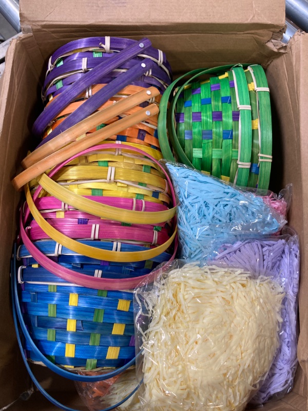 Photo 2 of 12 Pcs Easter Bamboo Basket with Handle and 480g Raffia Paper Grass, Handmade Woven Easter Basket for Egg Hunting, Picnic and Party Favors