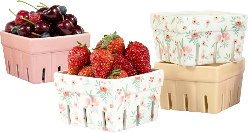 Photo 1 of AELS Ceramic Berry Basket, Farmhouse Fruit Bowl Container for Fruit & Vegetables, Farmers Market, Pink Floral Pattern, Kitchen Decor, Stoneware Harvest...
****USED*** 