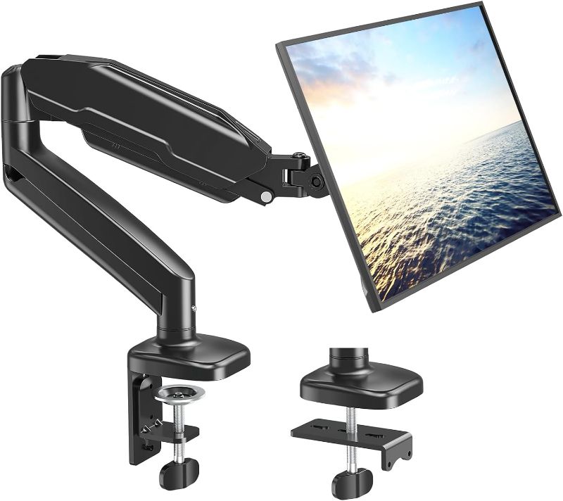 Photo 1 of MOUNT PRO Single Monitor Desk Mount - Articulating Gas Spring Arm, Removable VESA Stand with Clamp and Grommet Base Fits 13 to 32 Inch LCD Computer Monitors, 75x75, 100x100
