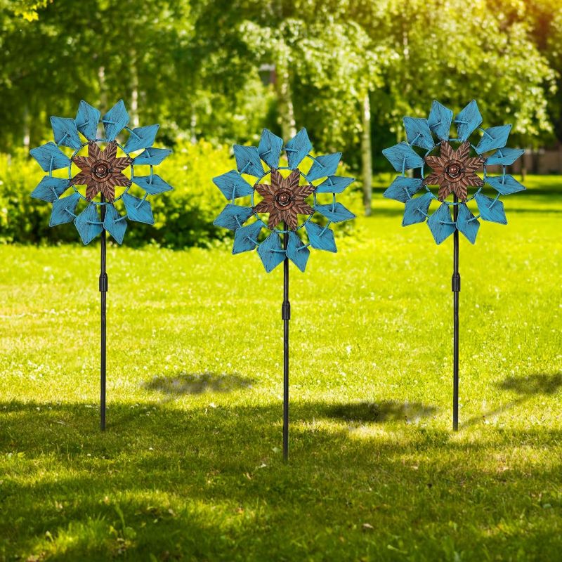 Photo 1 of 3 Pack Wind Spinners with Metal Stake, 16.3 Inches Yard Garden Sculptures for Outdoor Spring Decoration Lawn Patio Wind Catcher Windmill (Blue Flower)
