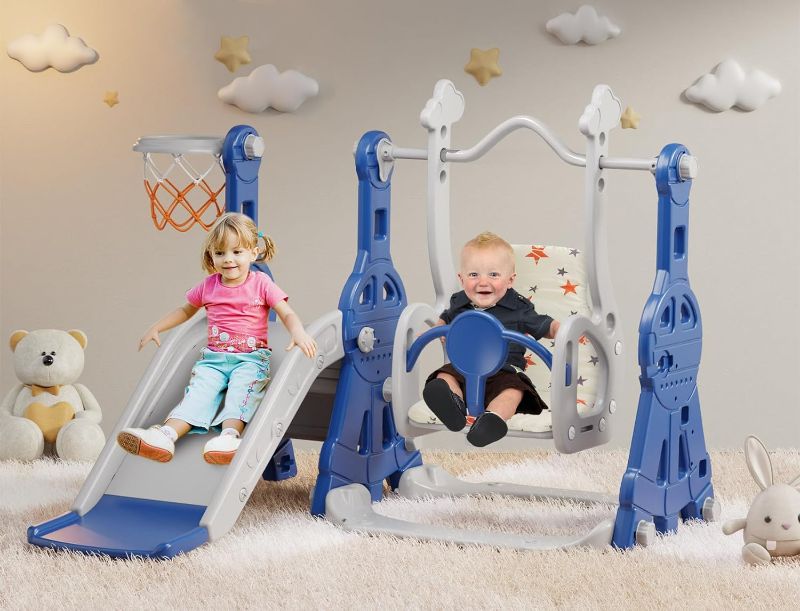 Photo 1 of 4 in 1 Toddler Slide and Swing Set, Kid Slide for Toddlers Age 1+, Baby Slide with Basketball Hoop, Indoor Outdoor Slide Toddler Playset Toddler Playground Blue Different Type Of Blue From Stock Photo
