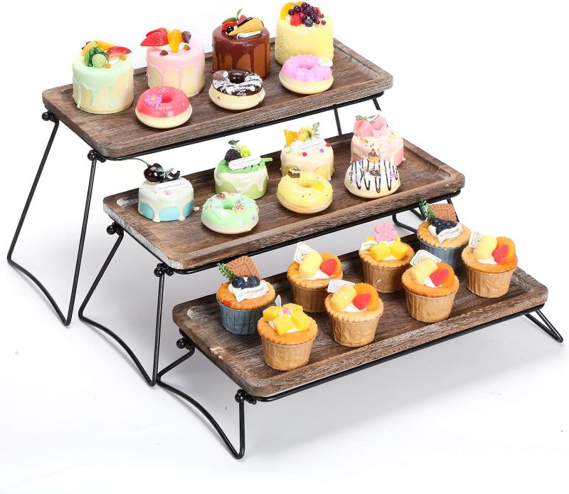 Photo 1 of 3 Tier Cupcake Stand Wooden Dessert Table Display Set Brown Charcuterie Layout Board Acacia Wooden Rustic Tiered Serving Tray and Platters for Home Party Farmhouse
