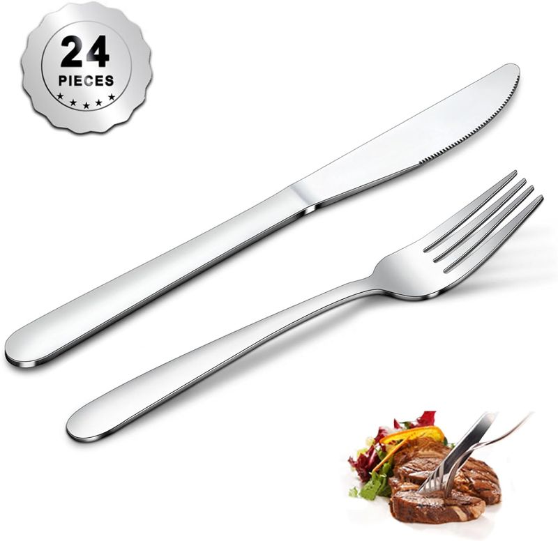 Photo 1 of 24 Pieces Forks and Knives Set, Food Grade Stainless Steel Silverware Set with 12 Knives & 12 Forks, Fork Silverware, Butter Knife, Metal Fork & Dinner Knives, Mirror Polished, Dishwasher Safe
