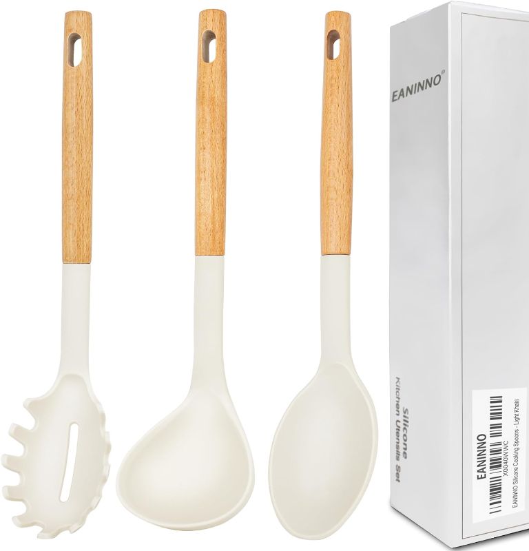 Photo 1 of Silicone Cooking Spoons Set, 3 PCS Nonstick Large Soup Ladle Solid Spoon Pasta Server for Spaghetti Sauce Serving Stirring, Heat Resistant Kitchen Utensils Wooden Light Khaki
