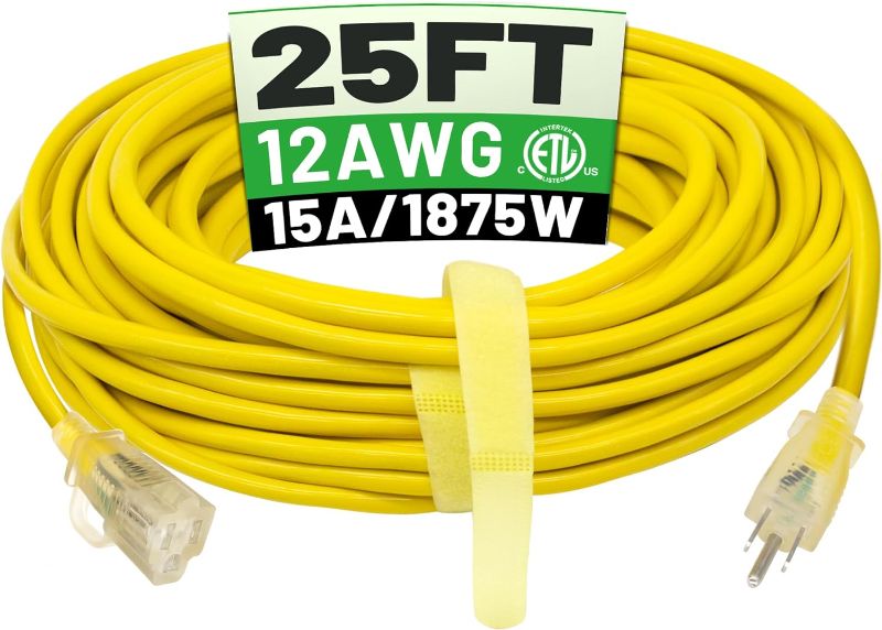 Photo 1 of 25 ft 12/3 Outdoor Extension Cord Waterproof Heavy Duty with Lighted Indicator End 12 Gauge 3 Prong, Flexible Cold-Resistant Long Power Cord Outside, 15Amp 1875W SJTW Yellow ETL Listed
