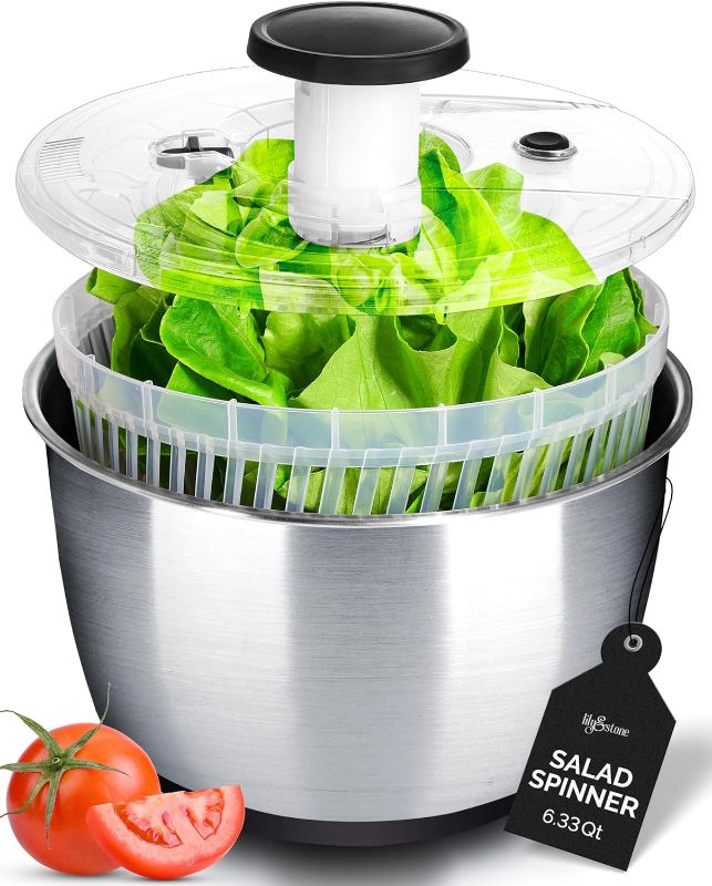 Photo 1 of lily&stone Large Stainless Steel Pump Salad Spinner with Drain, Bowl, and Colander - Quick and Easy Multi-Use Lettuce Spinner, Vegetable Dryer, Fruit Washer, Pasta and Fries Spinner - 6.33 Qt
