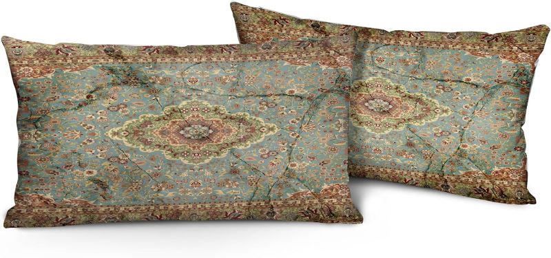 Photo 1 of Boho Throw Pillow Covers 12x20 inch Set of 2 Monaco Rug Persian Carpet Double Sided Pattern Cotton Soft Pillow Case Cushion Cover Bohemian Pillowcase for Couch Sofa Bed Decorative, Green
