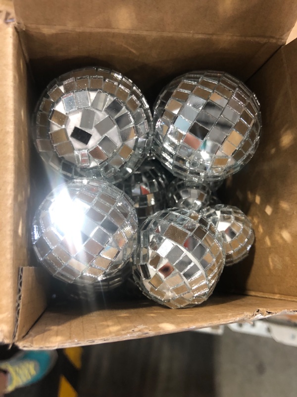 Photo 2 of 48 PCS Disco Ball Cake Decoration Ornaments Reflective Mirror Ball Cake Decoration 70s Disco Themed Party Decoration Silver Disco Table Decoration for Christmas Tree Dance Music