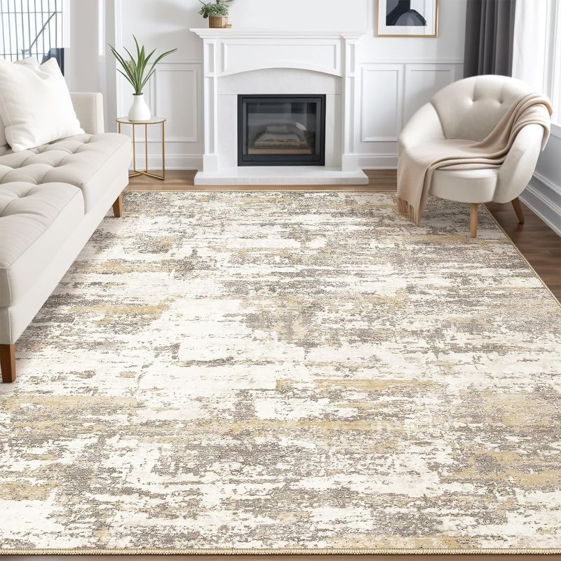 Photo 1 of Area Rug Living Room Rugs 9x12: Modern Neutral Abstract Aesthetic Rug for Bedroom Dining Room Table - Large Soft Stain Resistant Machine Washable Rug, Indoor Home Office Carpet - Gold Brown
