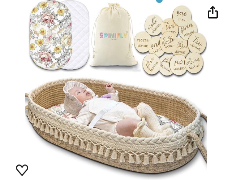 Photo 1 of Baby Changing Basket Kit - Macrame Boho Moses Basket for Babies, Handmade 100% Cotton, Woven Portable Nursery Decor, Waterproof Pad & Floral Pad, Milestone Cards, Changing Table Topper for Dresser