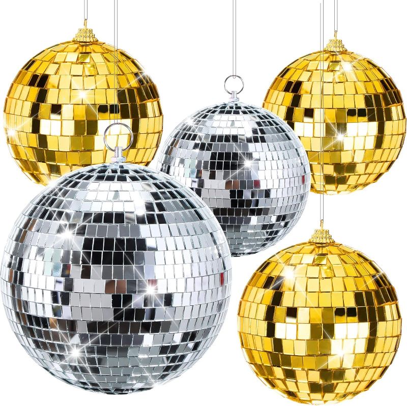 Photo 1 of eekin 5 Pieces Disco Ball Mirror Ball Disco Party Decorations with Hanging Ring for DJ Club Stage Wedding Holiday (Silver, Gold,8 Inch, 6 Inch, 4 Inch