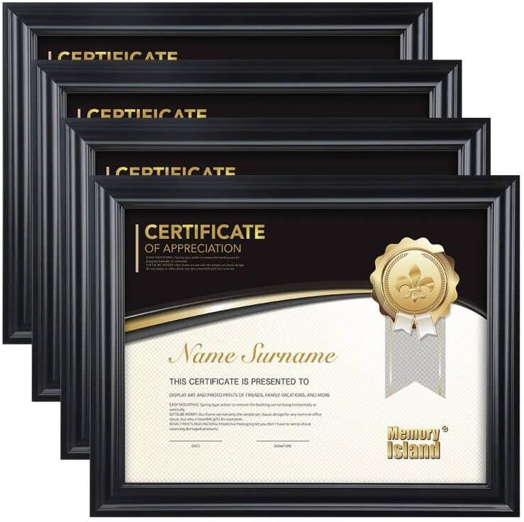 Photo 1 of Memory Island Document frames 8.5x11,Set of 4 Pack Certificate Frames for Wall Or Tabletop Display,Diploma Frames For Degree Award with Real Glass Front,Black,Designed