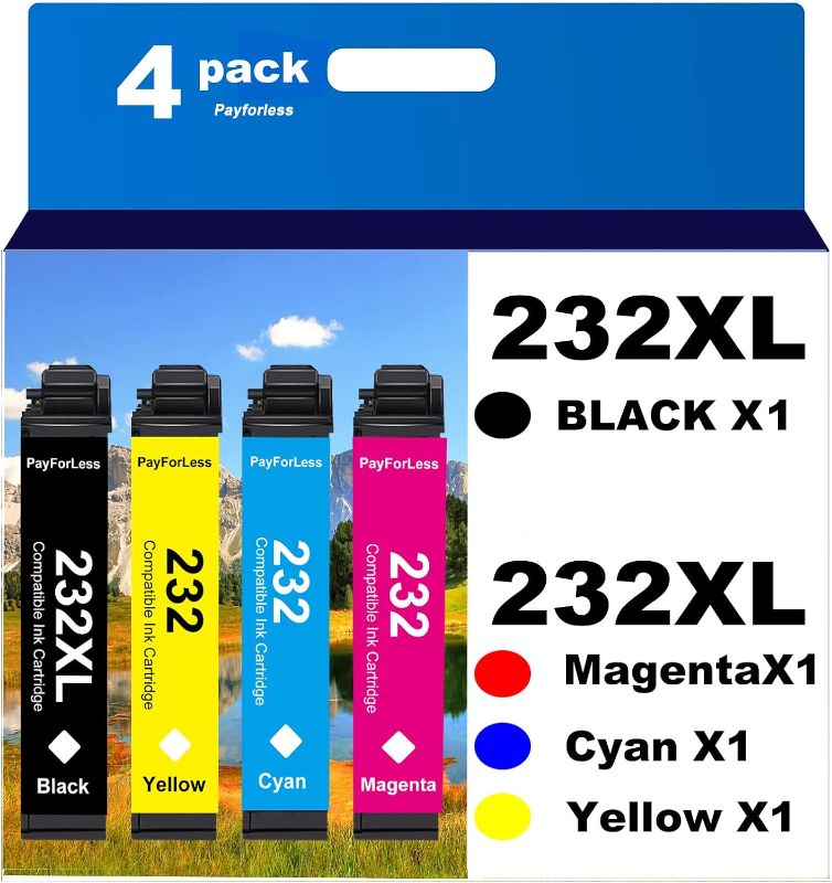 Photo 1 of 232XL Remanufactured for Epson 232 Ink Cartridges Epson 232XL T232 XL for Epson XP-4200 XP-4205 Epson Workforce WF-2930 WF-2950 Printer 4 Pack 1 Black 1 Cyan 1 Magenta 1 Yellow