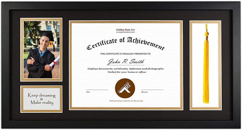 Photo 1 of 1x17 Matte Black Diploma Frame with Tassel Holder for 8.5x11 Certificates Document, College Degree Frame for Wall Mounted (Black Gold Double Mat