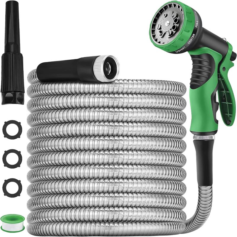 Photo 1 of 304 Stainless Steel Metal Garden Hose 25 ft x 5/8", Heavy Duty Water Hoses with 2 Sprayer Nozzles &3/4''Solid Fittings,Flexible,Lightweight,Never Kink& Tangle Free, Pet Proof, Puncture Proof Hose pip
