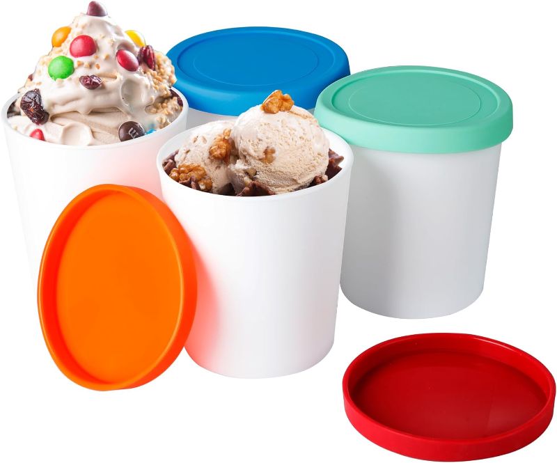 Photo 1 of Ice Cream Containers for Homemade, Ice Cream Containers Set (4 Pack - 1 Quart Each), Reusable Ice Cream Storage Containers for Freezer, Leak-Free Ice Cream Containers with Silicone Lids