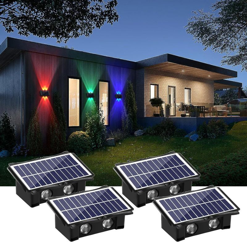 Photo 1 of 4LED Multi-Color Solar Wall Lights, Up and Down Lighting Solar Outdoor Light Waterproof IP65, Solar Fence Light for Yard Garden Garage Walkway Porch Pools Deck(4 Pack)