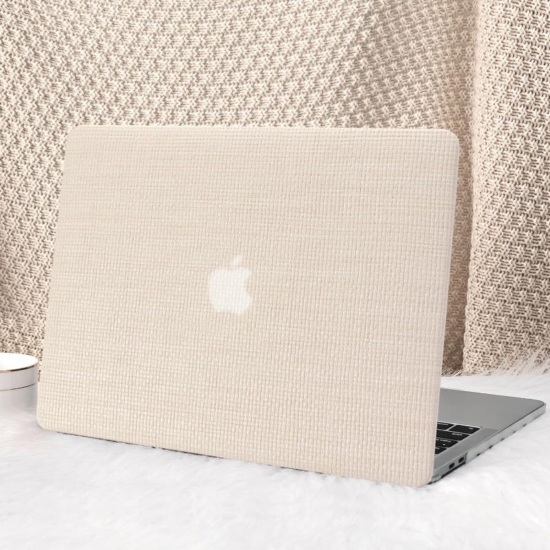 Photo 1 of eorsok Compatible with MacBook Pro 13 inch Case M2 2023,2022,2021-2016 A2338 M1 A2251 A2289 A2159 A1989 A1708 A1706,Elegant Leather Plastic Hard Shell Transparent Keyboard Cover,Beige Woven Fabric